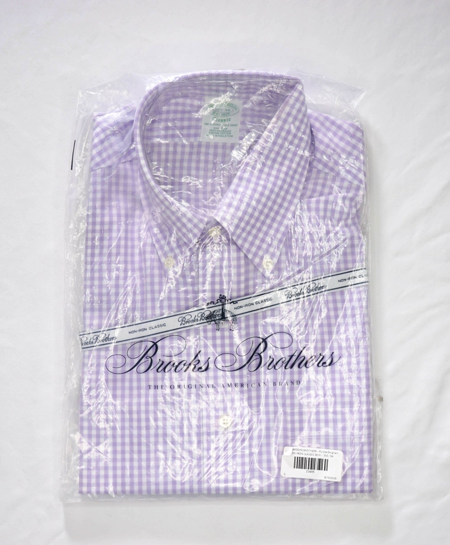 $128 BROOKS BROTHERS - Purple Gingham NON-IRON CLASSIC Shirt - 15.5 / 34
