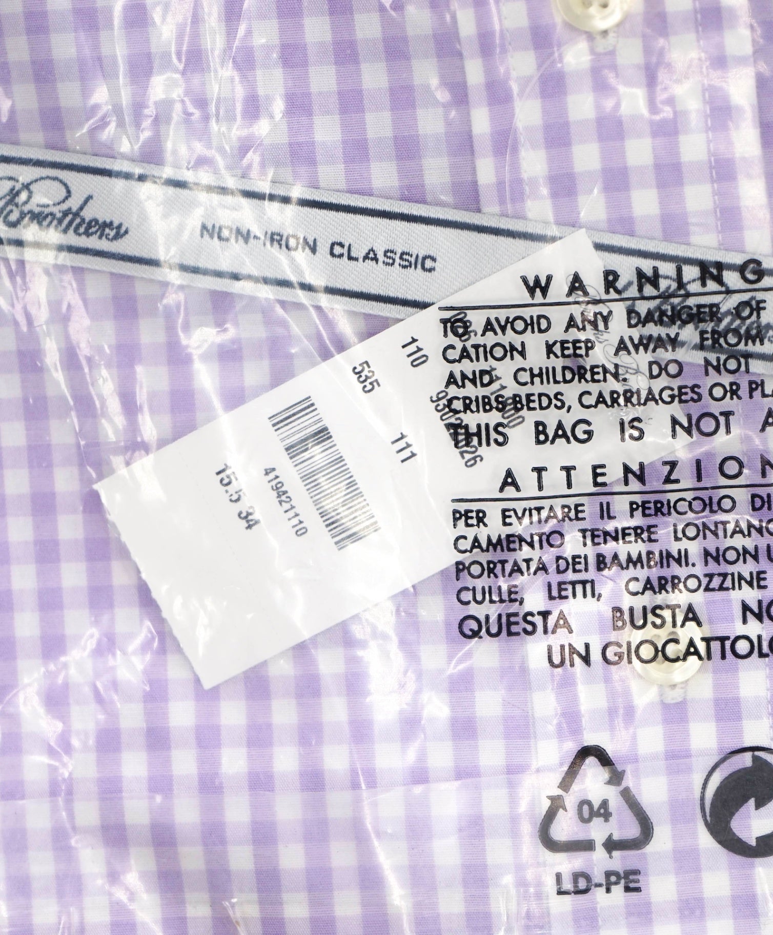 $128 BROOKS BROTHERS - Purple Gingham NON-IRON CLASSIC Shirt - 15.5 / 34