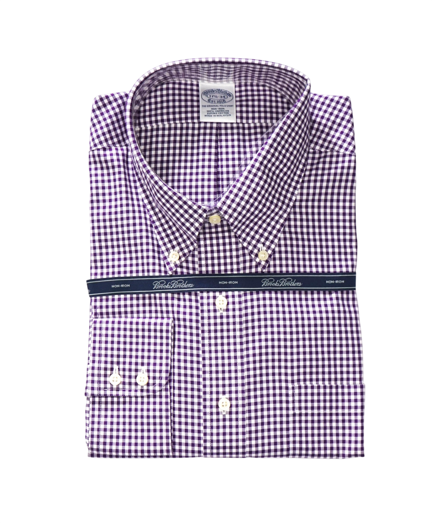 $128 BROOKS BROTHERS - Purple Gingham NON-IRON Shirt - 17.5 - 34