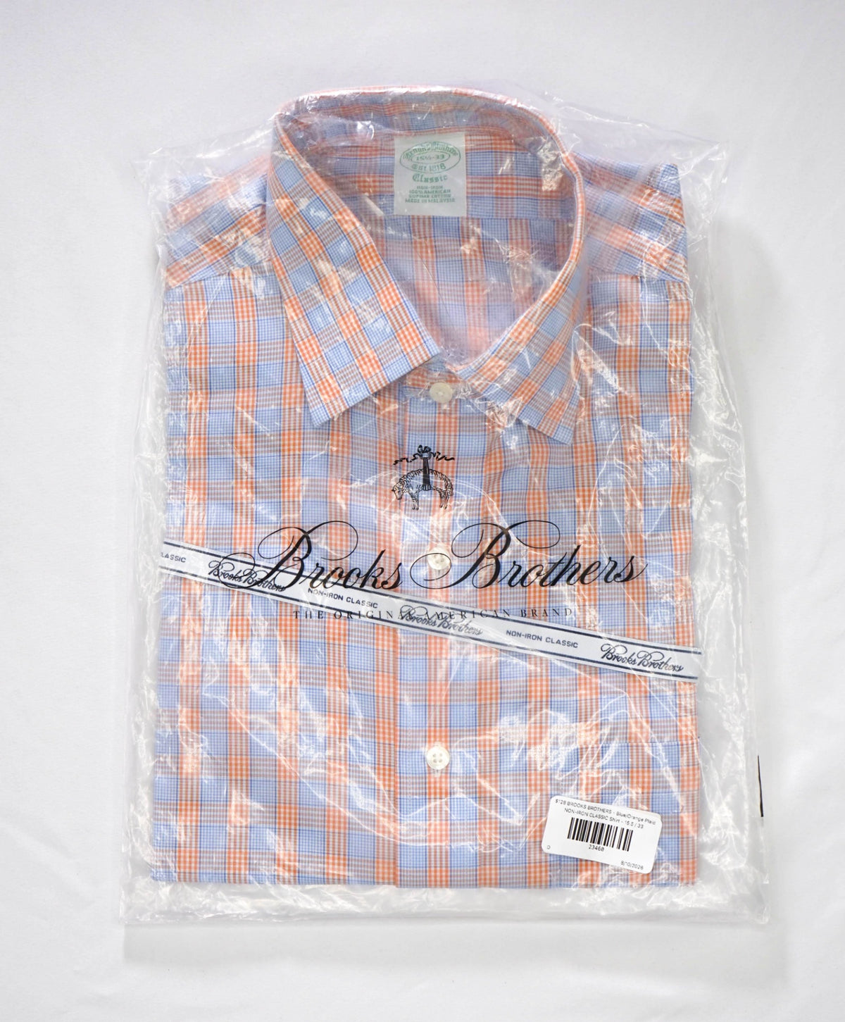$128 BROOKS BROTHERS - Blue/Orange Plaid NON-IRON CLASSIC Shirt - 15.5 / 33
