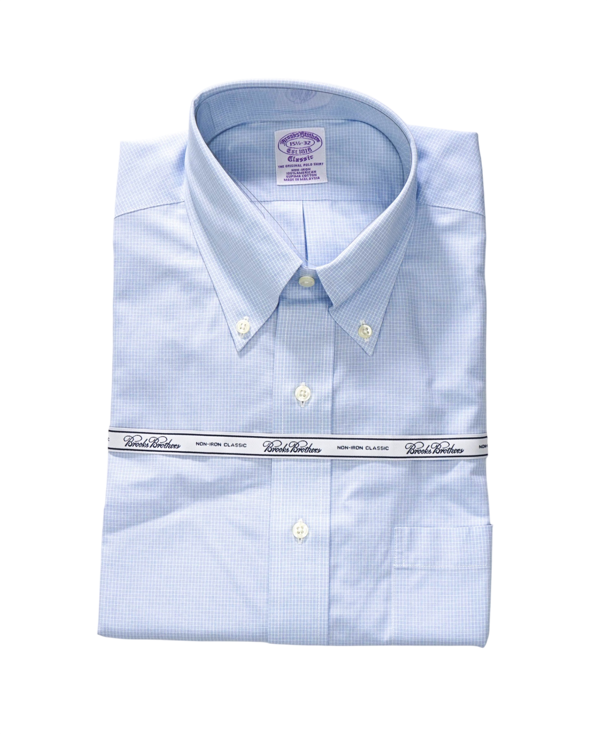 $128 BROOKS BROTHERS - Light Blue Gingham NON-IRON CLASSIC Shirt - 15.5 / 32