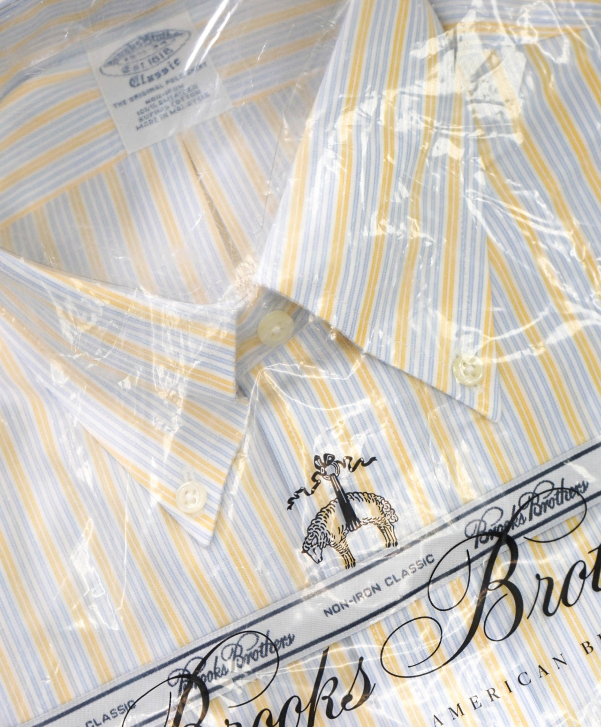$128 BROOKS BROTHERS - Blue/Yellow Stripe NON-IRON CLASSIC Shirt - 15.5 / 34
