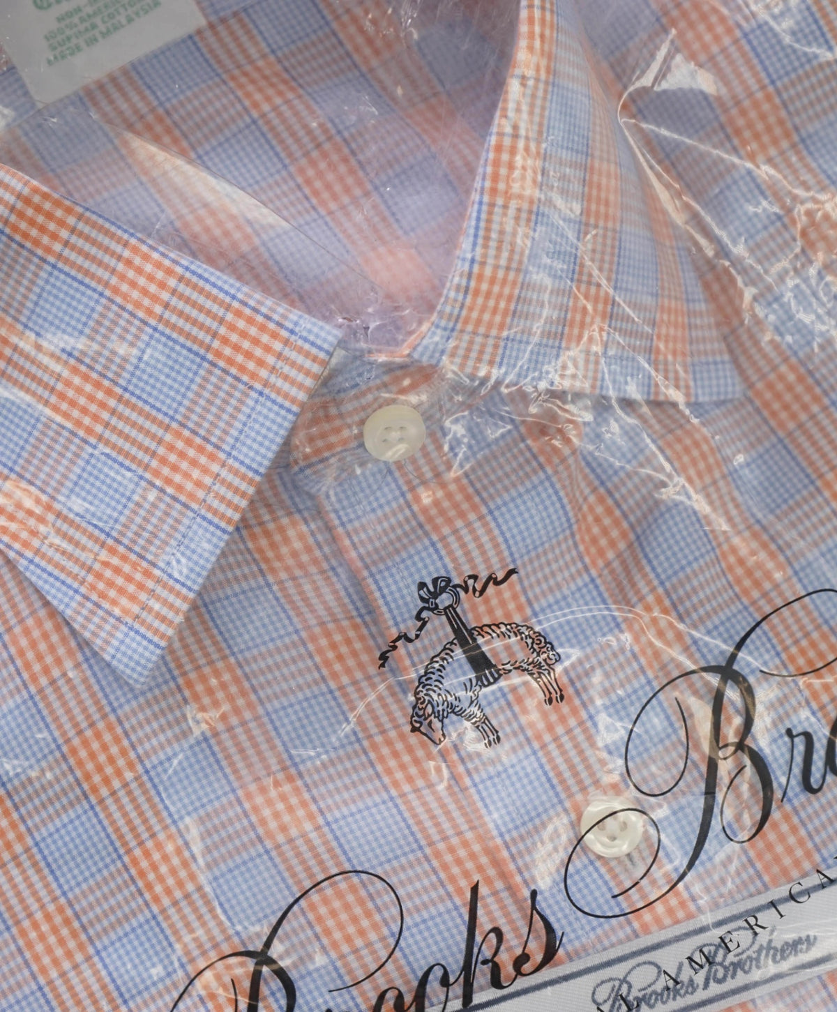 $128 BROOKS BROTHERS - Blue/Orange Plaid NON-IRON CLASSIC Shirt - 15.5 / 33