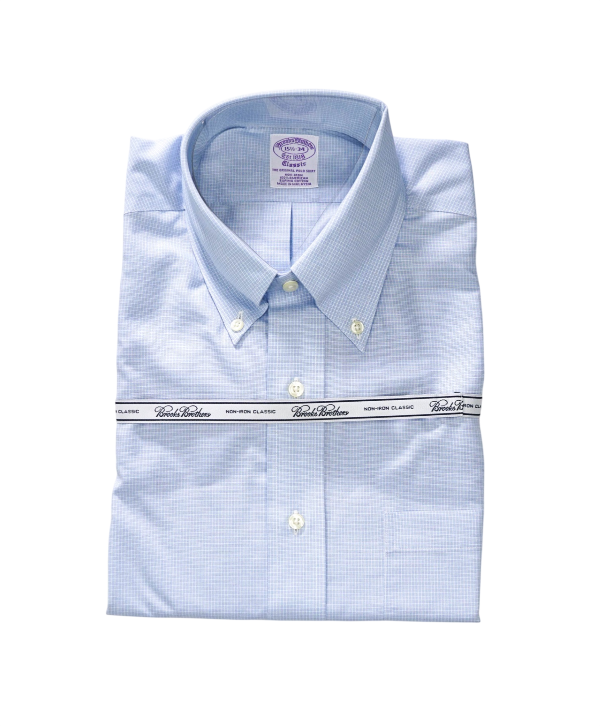 $128 BROOKS BROTHERS - Light Blue Gingham NON-IRON CLASSIC Shirt - 15.5 / 34