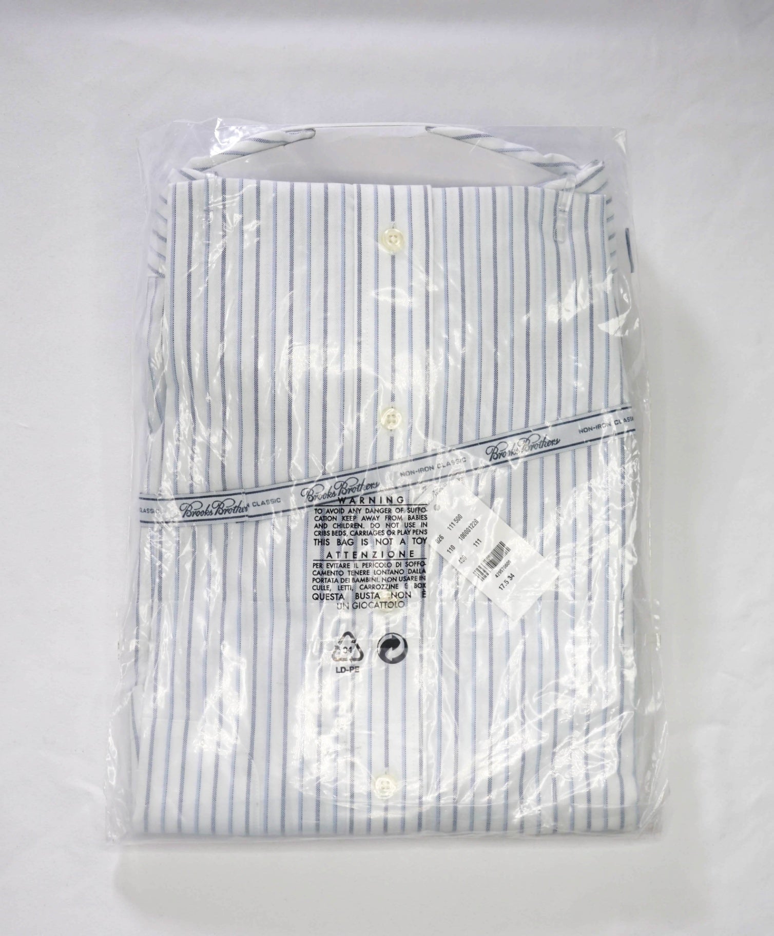 $128 BROOKS BROTHERS - Blue Stripe NON-IRON CLASSIC Shirt - 17.5 - 34