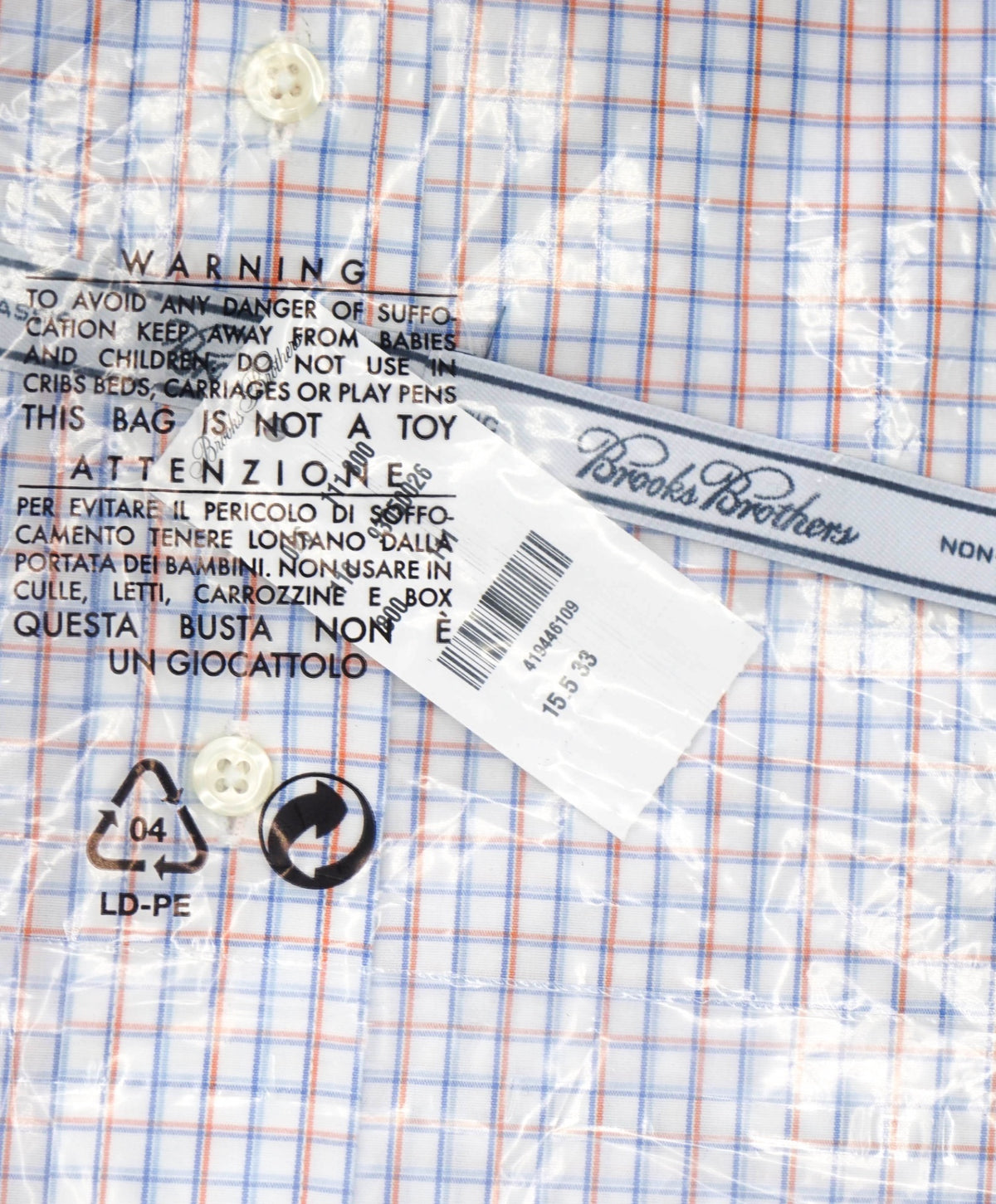 $128 BROOKS BROTHERS - Blue/Orange Check NON-IRON CLASSIC Shirt - 15.5 / 33