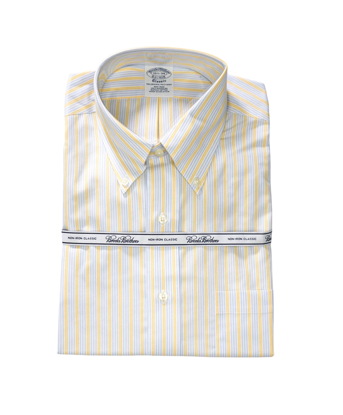 $128 BROOKS BROTHERS - Blue/Yellow Stripe NON-IRON CLASSIC Shirt - 15.5 / 34