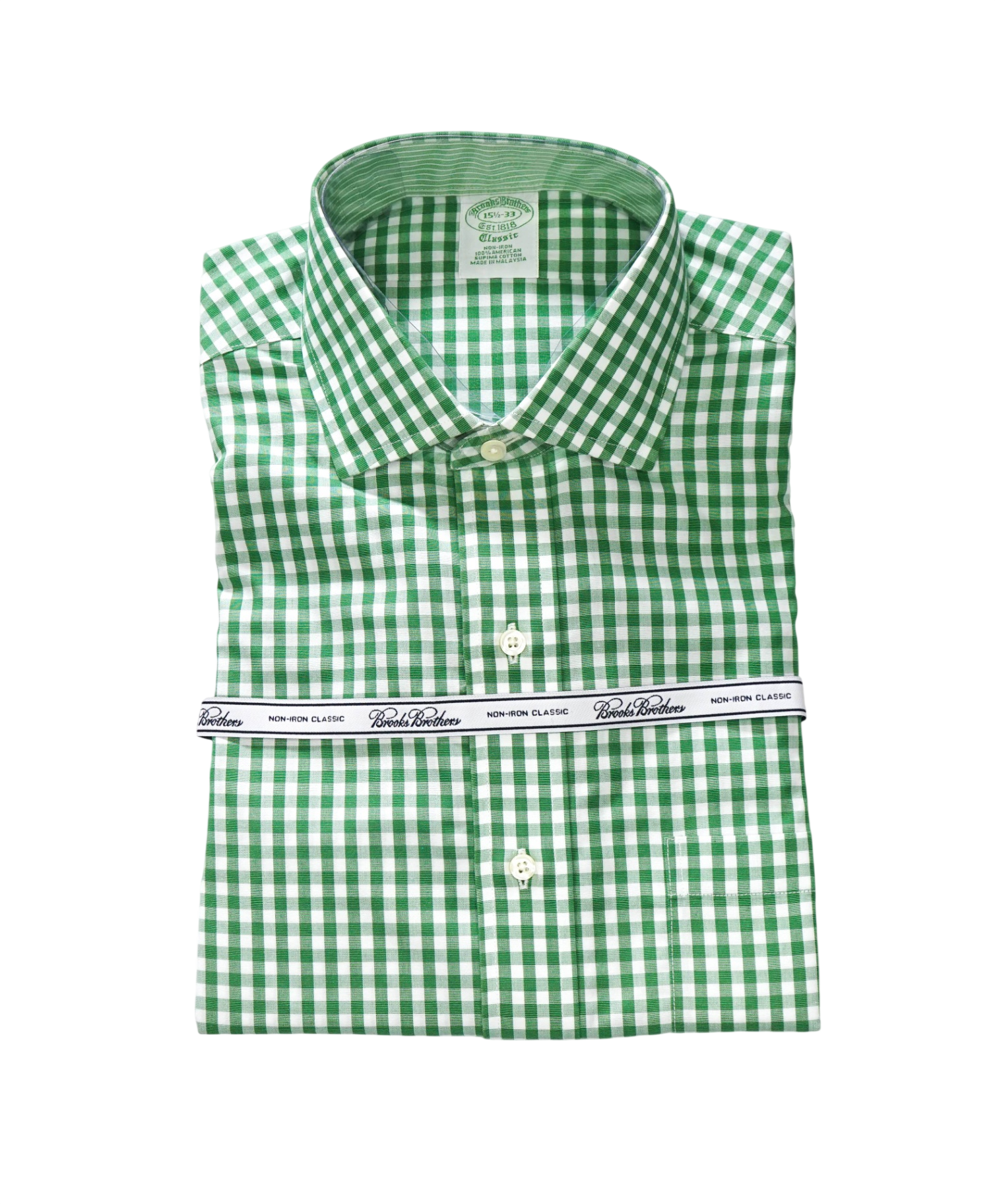 $128 BROOKS BROTHERS - Green Gingham NON-IRON CLASSIC Shirt - 15.5 / 33