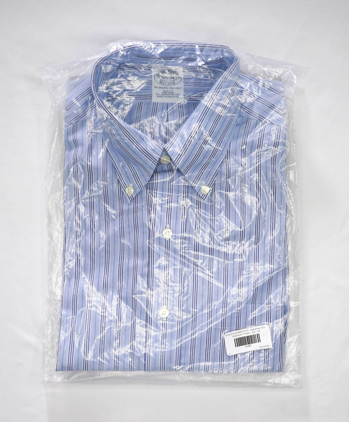 $128 BROOKS BROTHERS - Blue Stripe NON-IRON SLIM FIT Shirt - 15.5 - 34