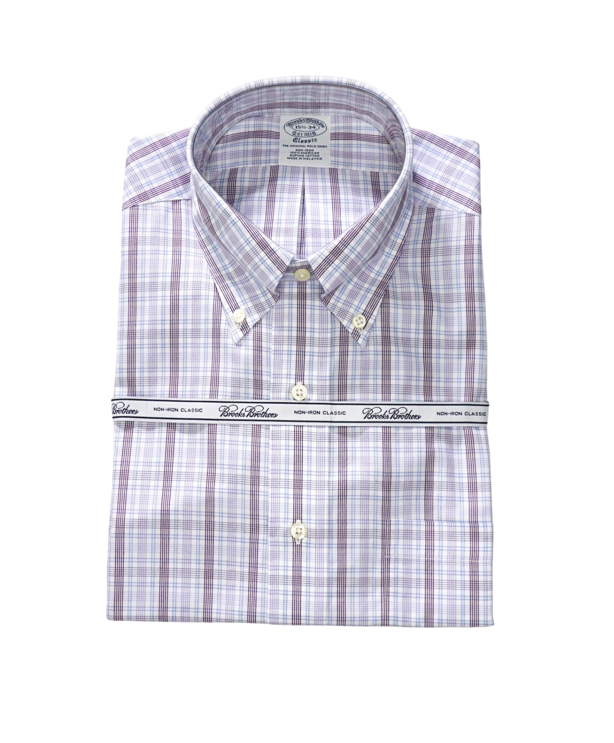 $128 BROOKS BROTHERS - Purple Plaid NON-IRON CLASSIC Shirt - 15.5 / 34