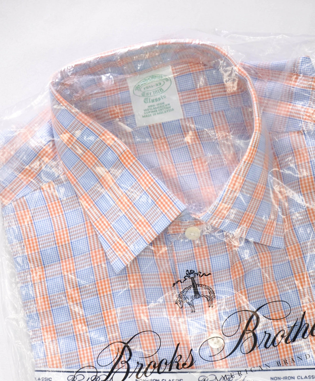 $128 BROOKS BROTHERS - Blue/Orange Plaid NON-IRON CLASSIC Shirt - 15.5 / 33