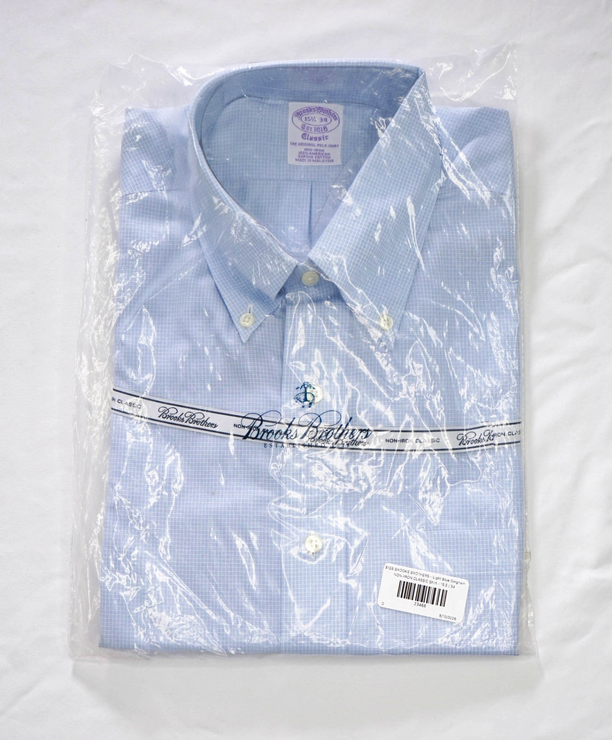 $128 BROOKS BROTHERS - Light Blue Gingham NON-IRON CLASSIC Shirt - 15.5 / 34