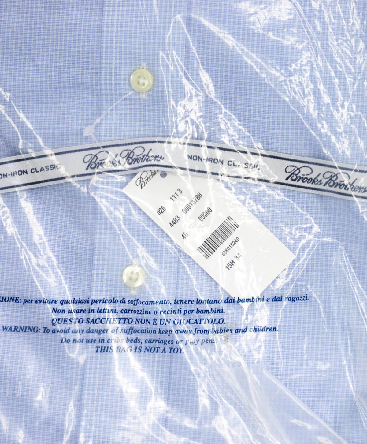 $128 BROOKS BROTHERS - Light Blue Gingham NON-IRON CLASSIC Shirt - 15.5 / 34