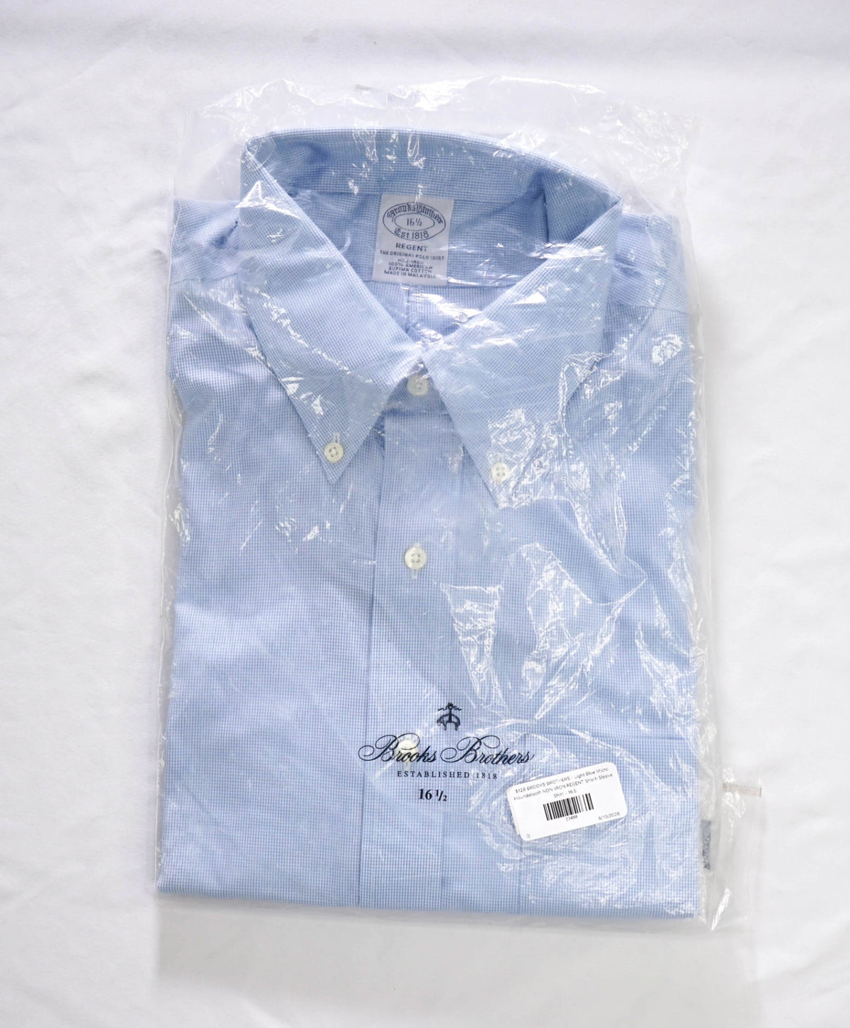 $128 BROOKS BROTHERS - Light Blue Micro Houndstooth NON-IRON REGENT Short-Sleeve Shirt - 16.5