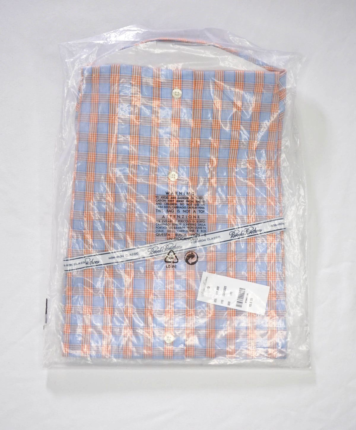 $128 BROOKS BROTHERS - Blue/Orange Plaid NON-IRON CLASSIC Shirt - 15.5 / 33