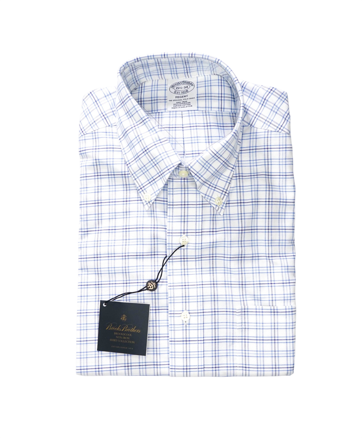 $128 BROOKS BROTHERS - Blue Plaid NON-IRON REGENT Shirt - 15.5 / 34