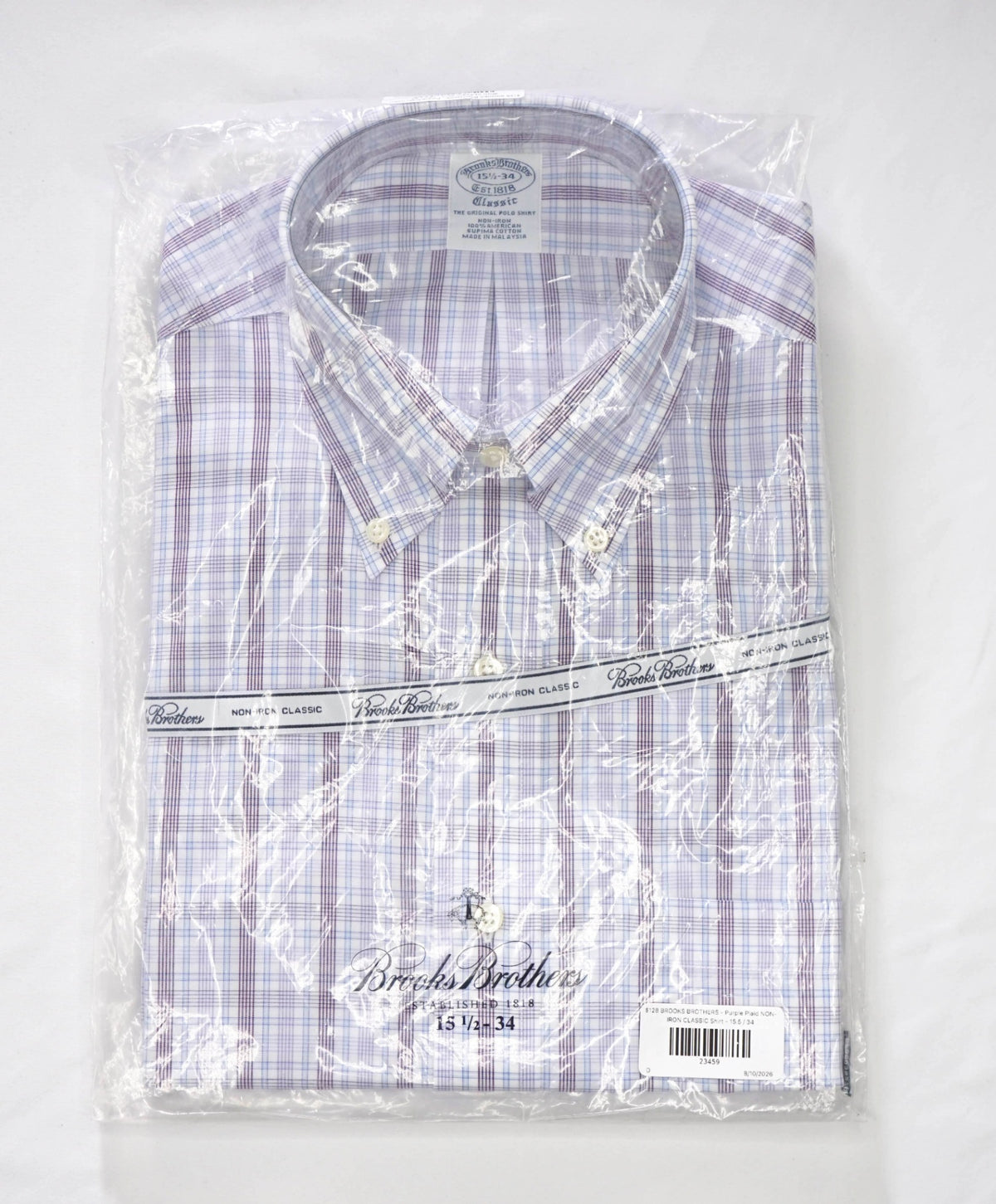$128 BROOKS BROTHERS - Purple Plaid NON-IRON CLASSIC Shirt - 15.5 / 34
