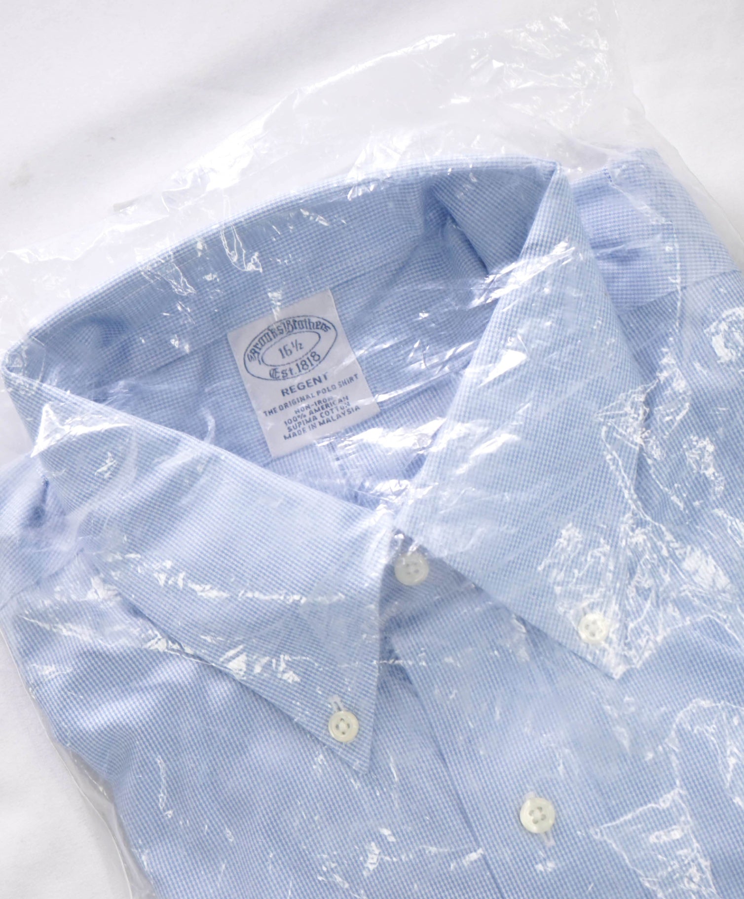 $128 BROOKS BROTHERS - Light Blue Micro Houndstooth NON-IRON REGENT Short-Sleeve Shirt - 16.5