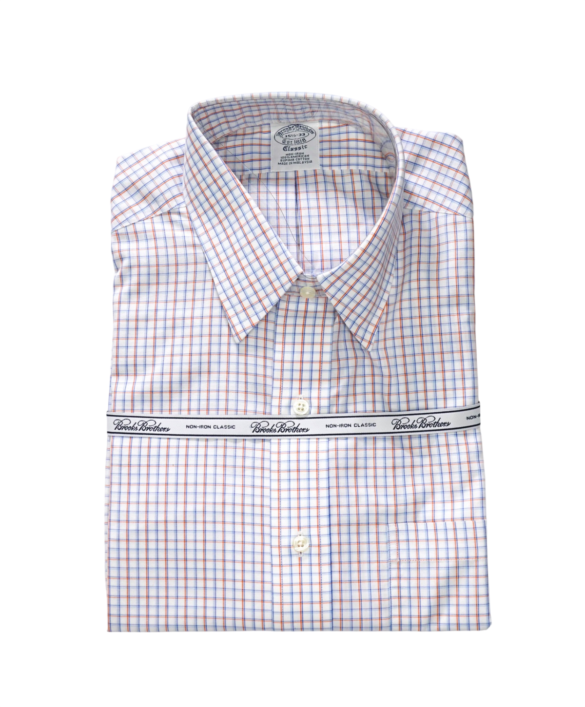 $128 BROOKS BROTHERS - Blue/Orange Check NON-IRON CLASSIC Shirt - 15.5 / 33