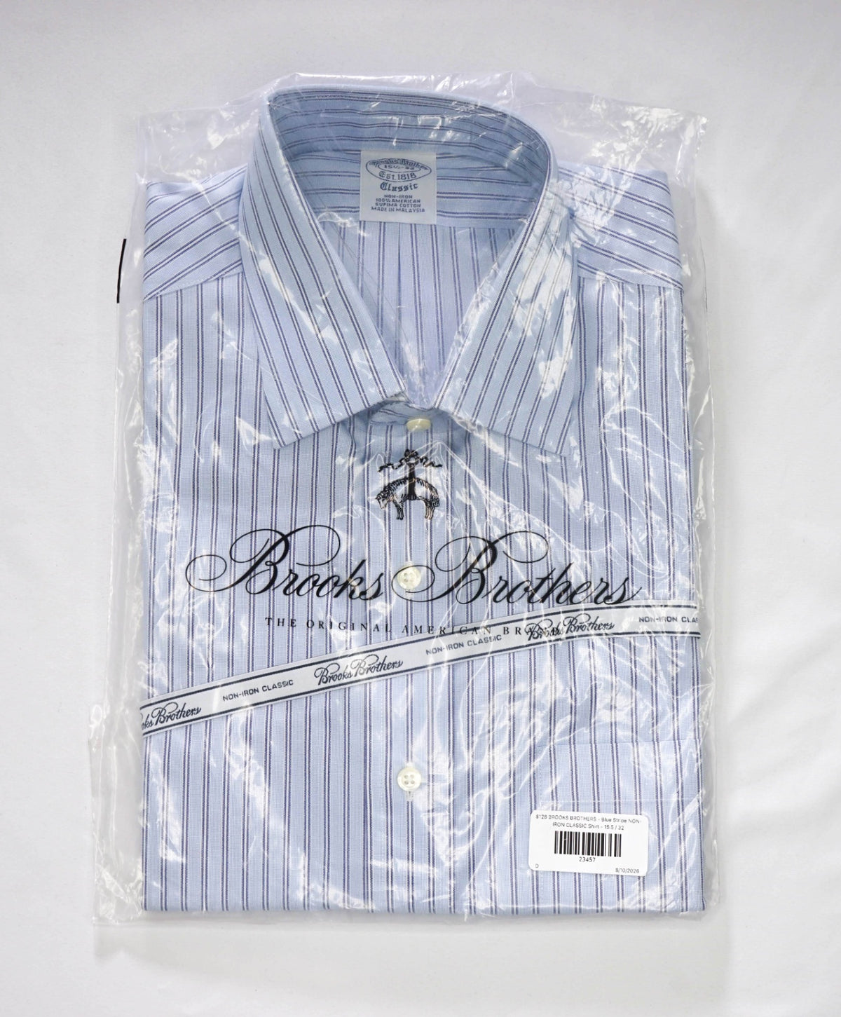 $128 BROOKS BROTHERS - Blue Stripe NON-IRON CLASSIC Shirt - 15.5 / 32