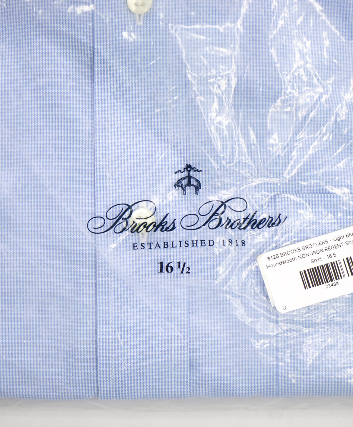 $128 BROOKS BROTHERS - Light Blue Micro Houndstooth NON-IRON REGENT Short-Sleeve Shirt - 16.5