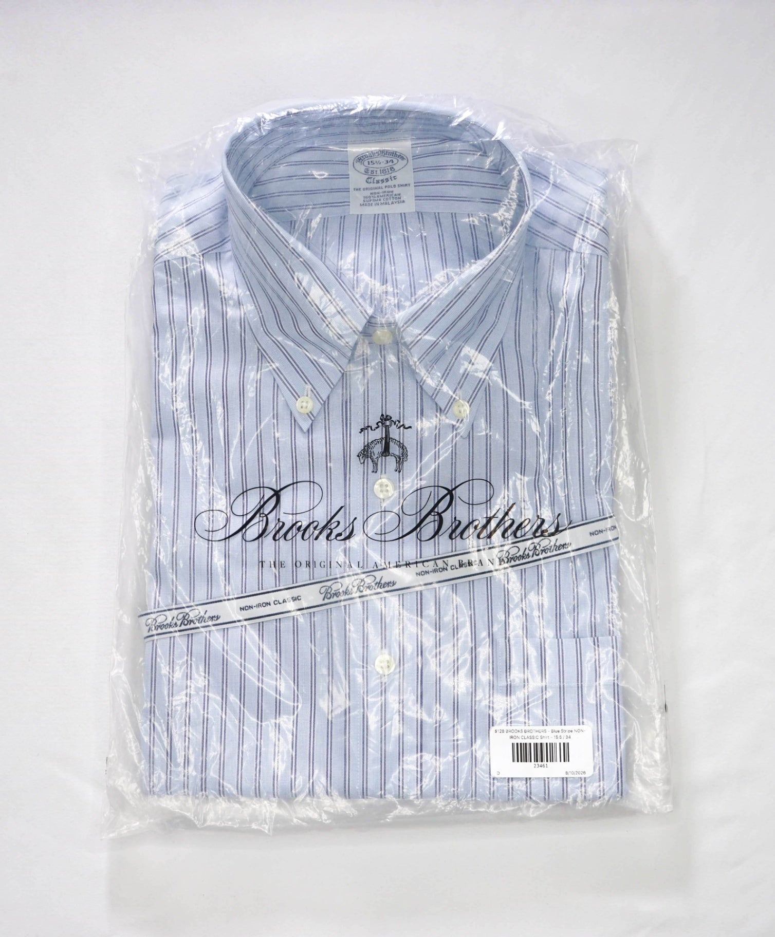 $128 BROOKS BROTHERS - Blue Stripe NON-IRON CLASSIC Shirt - 15.5 / 34