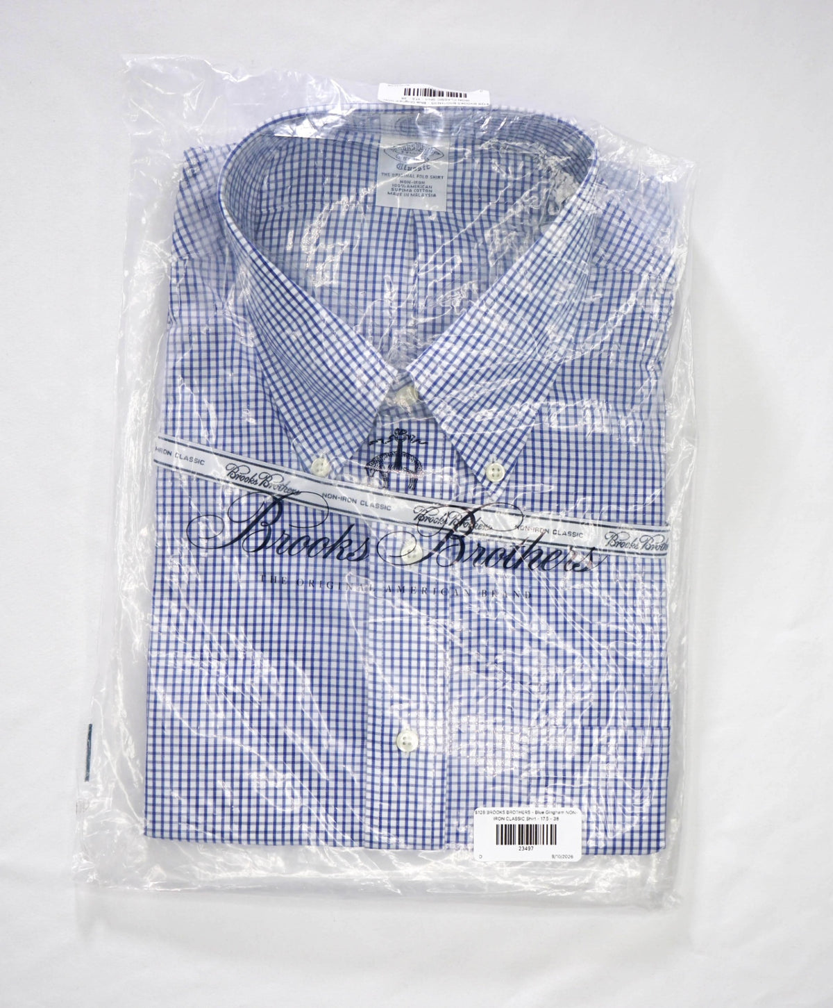$128 BROOKS BROTHERS - Blue Gingham NON-IRON CLASSIC Shirt - 17.5 - 38