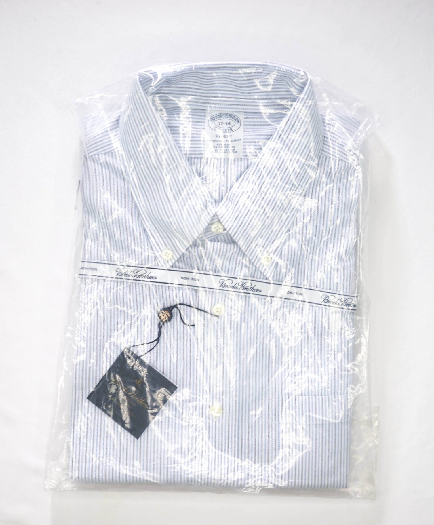 $128 BROOKS BROTHERS - Blue Stripe NON-IRON REGENT Shirt - 17 - 34