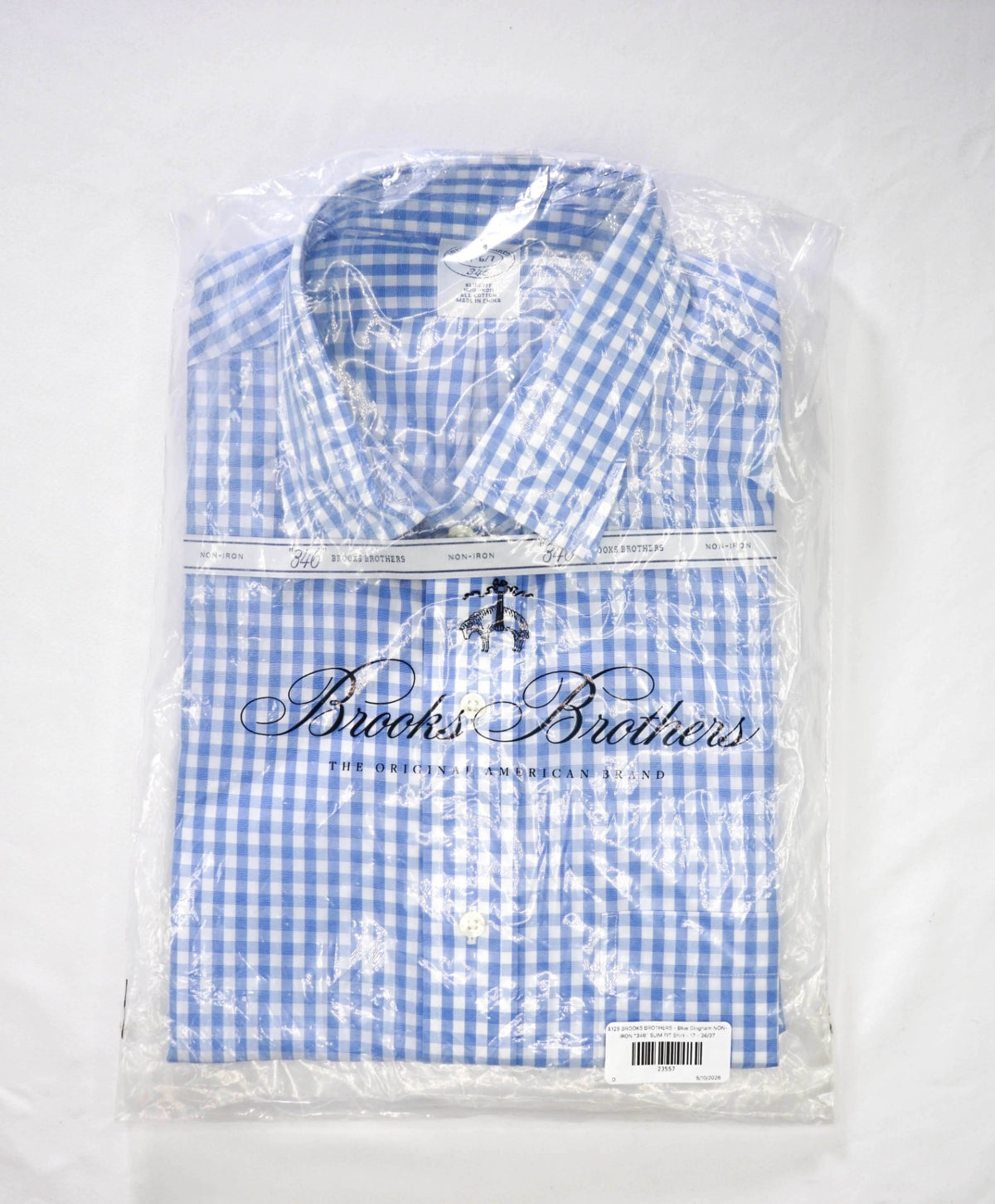 $128 BROOKS BROTHERS - Blue Gingham NON-IRON "346" SLIM FIT Shirt - 17 - 36/37
