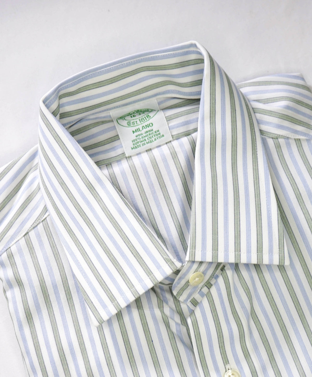 $128 BROOKS BROTHERS - Green/Blue Stripe NON-IRON MILANO Shirt - 16 - 34
