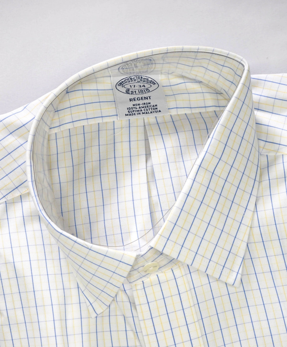$128 BROOKS BROTHERS - Blue/Yellow Plaid NON-IRON REGENT Shirt - 17 - 34