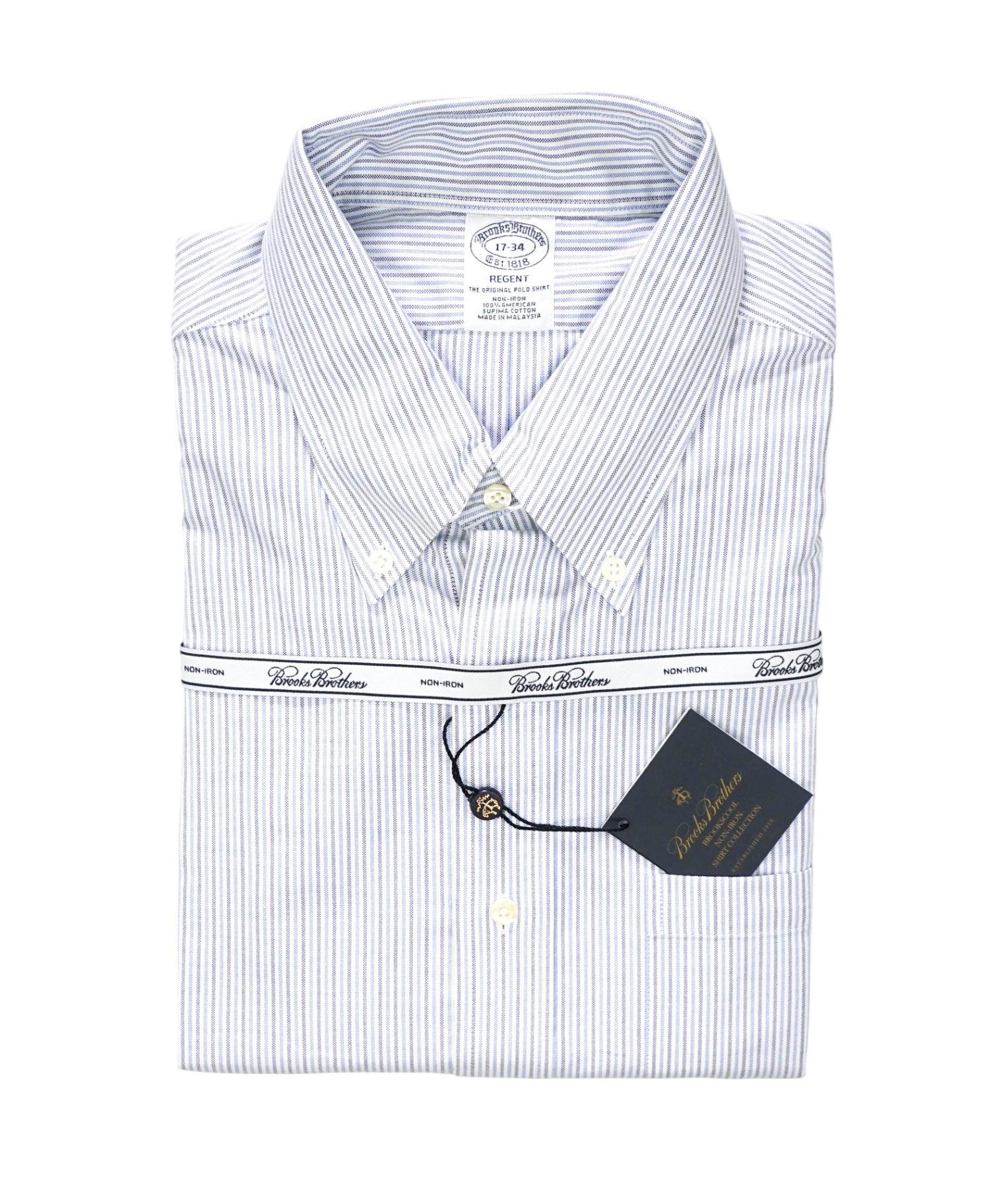 $128 BROOKS BROTHERS - Blue Stripe NON-IRON REGENT Shirt - 17 - 34