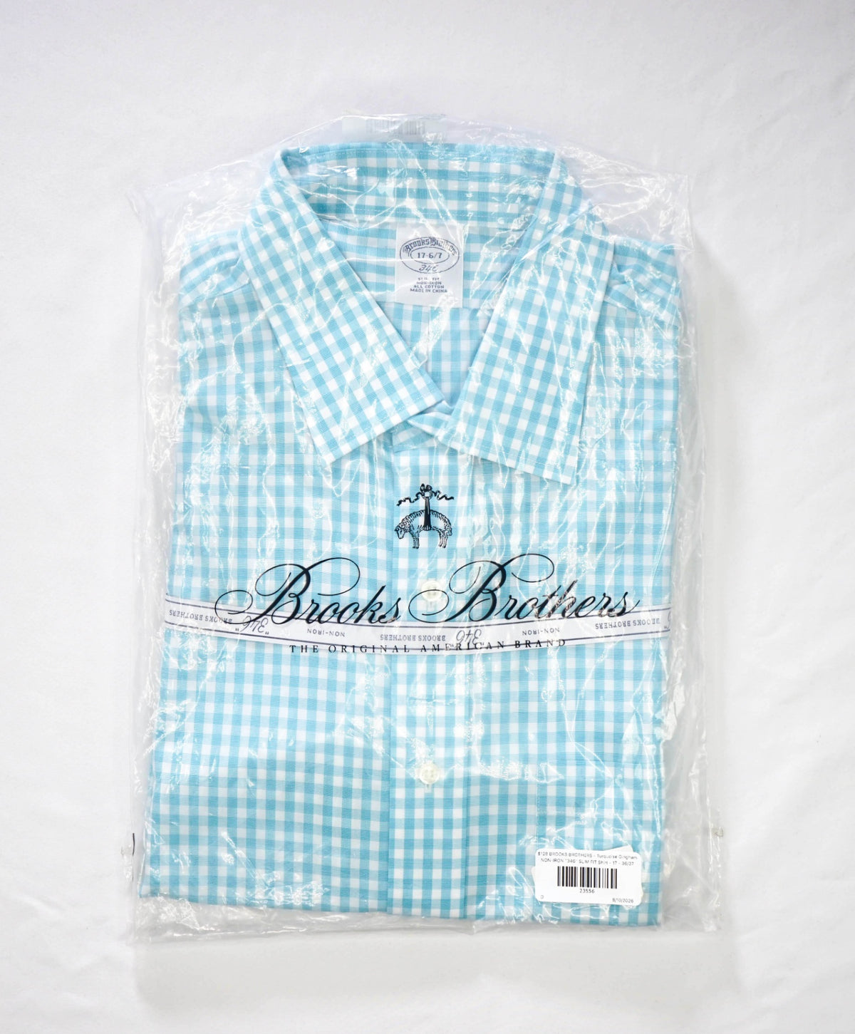 $128 BROOKS BROTHERS - Turquoise Gingham NON-IRON "346" SLIM FIT Shirt - 17 - 36/37