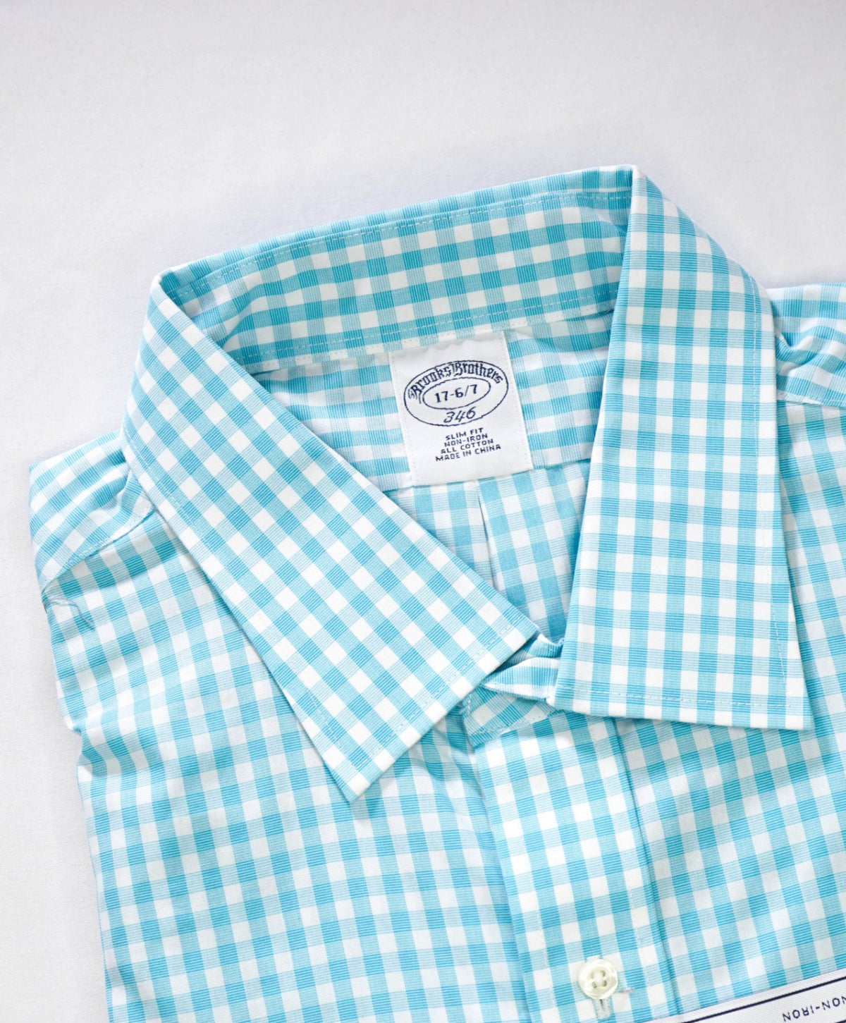 $128 BROOKS BROTHERS - Turquoise Gingham NON-IRON "346" SLIM FIT Shirt - 17 - 36/37