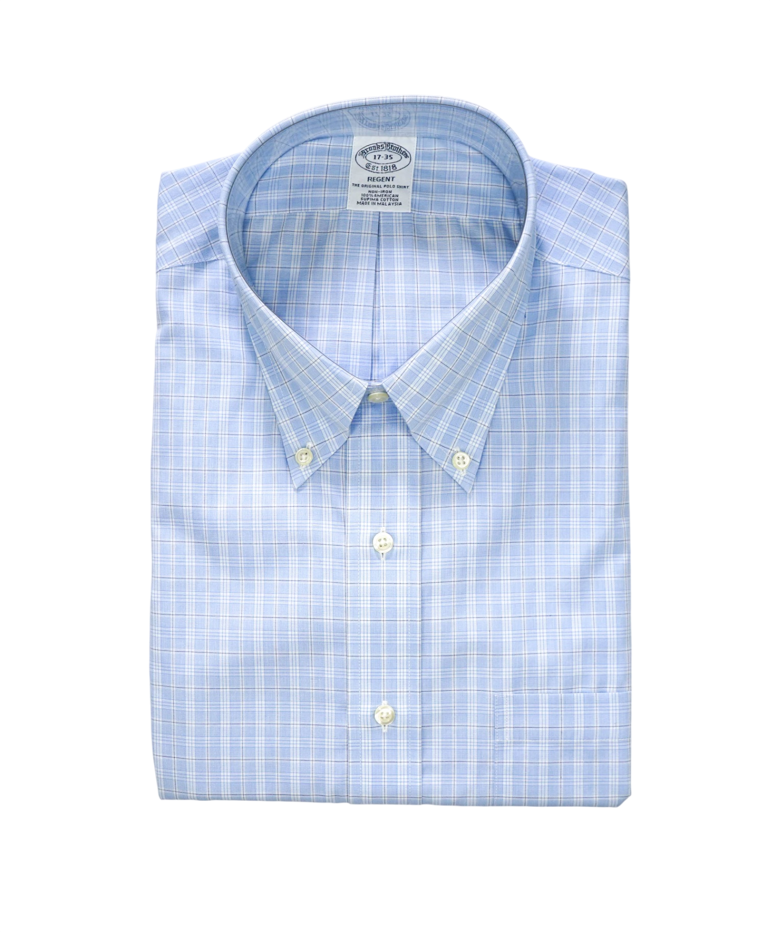 $128 BROOKS BROTHERS - Blue Plaid NON-IRON REGENT Shirt - 17 - 35