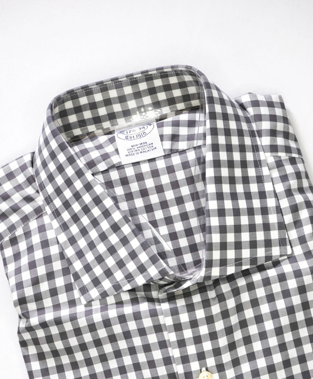$128 BROOKS BROTHERS - Gray Gingham NON-IRON Shirt - 17.5 - 34