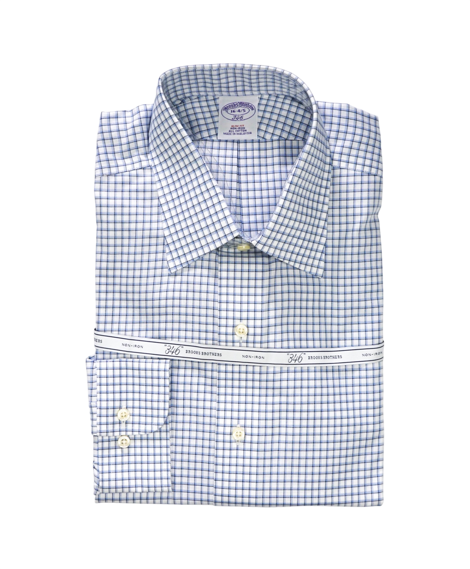 $128 BROOKS BROTHERS - Blue Check NON-IRON "346" Slim Fit Shirt - 16 - 34/35
