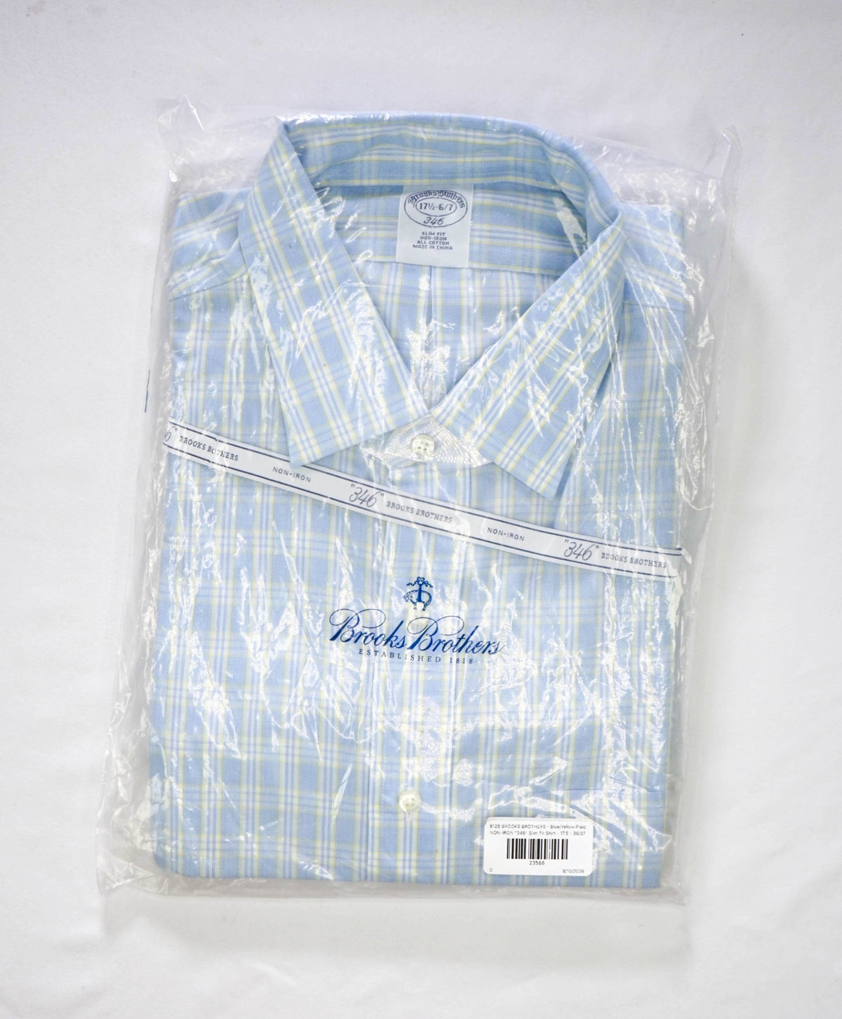 $128 BROOKS BROTHERS - Blue/Yellow Plaid NON-IRON "346" Slim Fit Shirt - 17.5 - 36/37