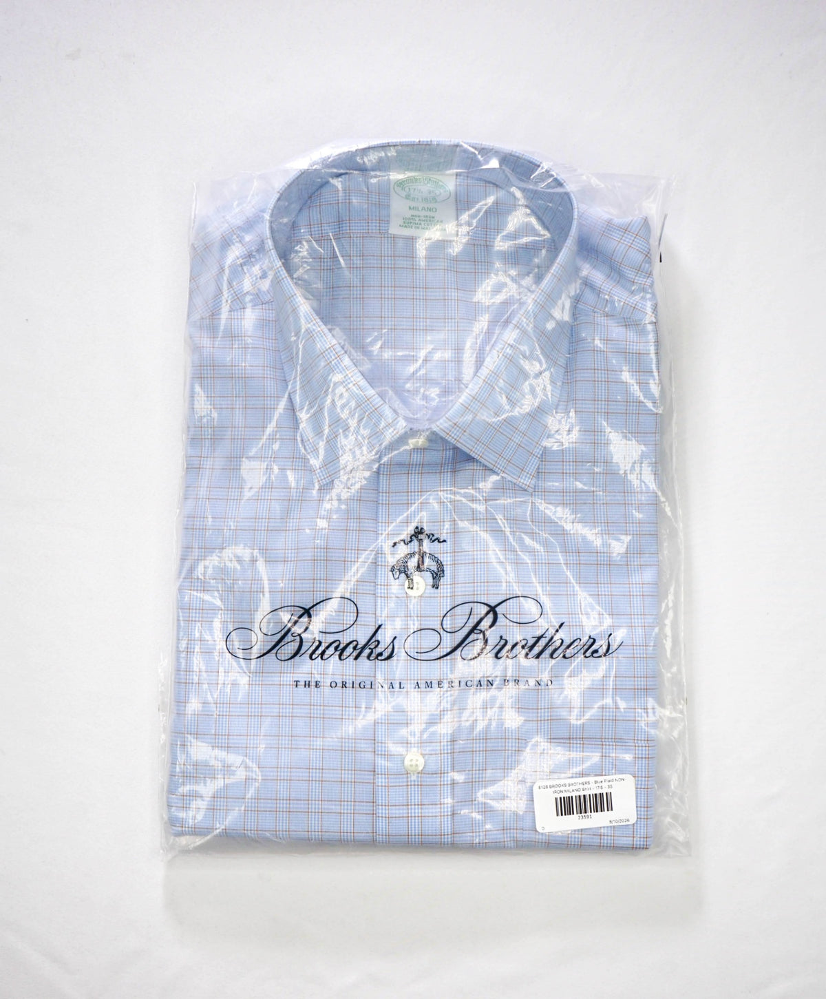 $128 BROOKS BROTHERS - Blue Plaid NON-IRON MILANO Shirt - 17.5 - 35