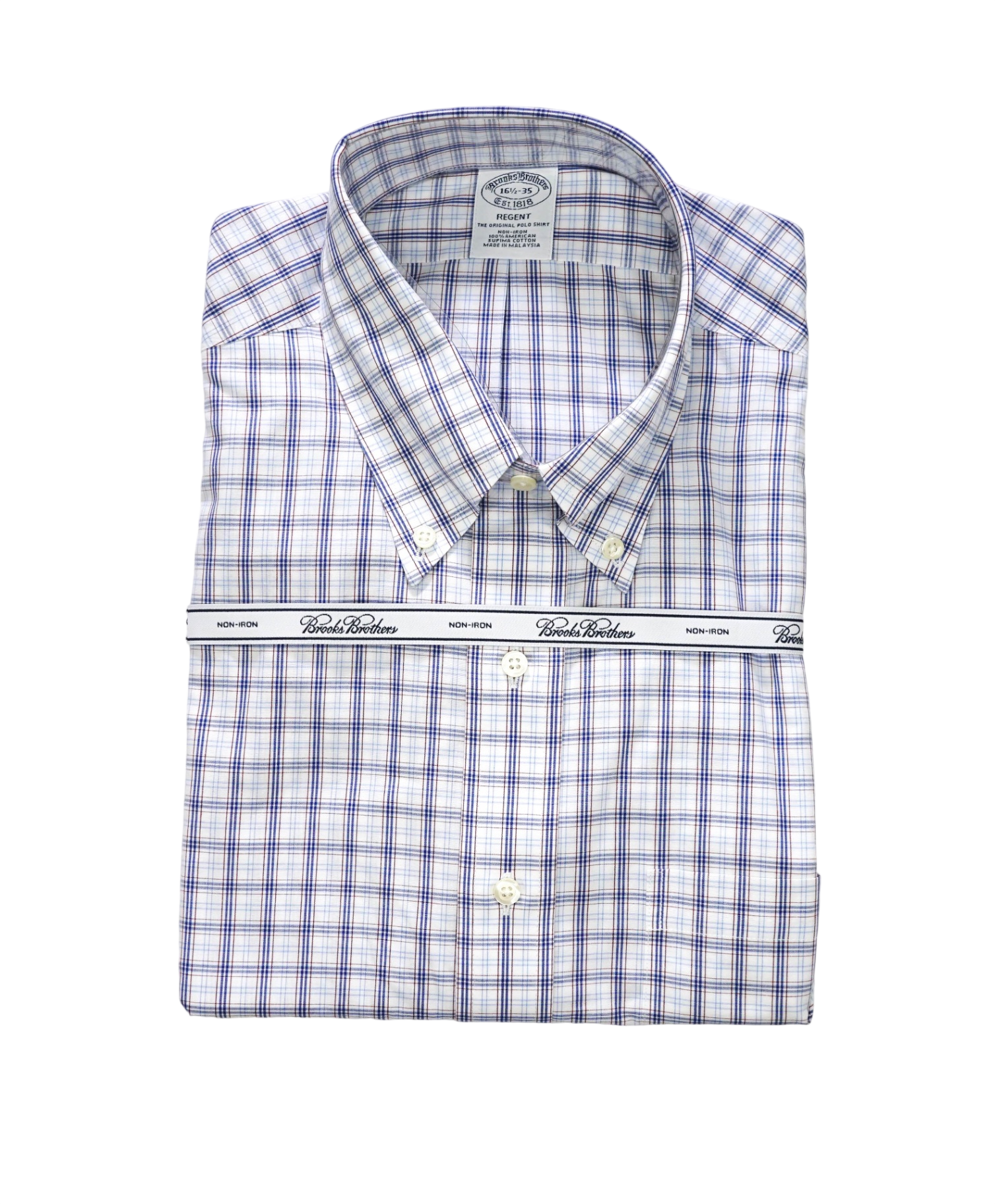 $128 BROOKS BROTHERS - Blue Plaid NON-IRON REGENT Shirt - 16.5 - 35