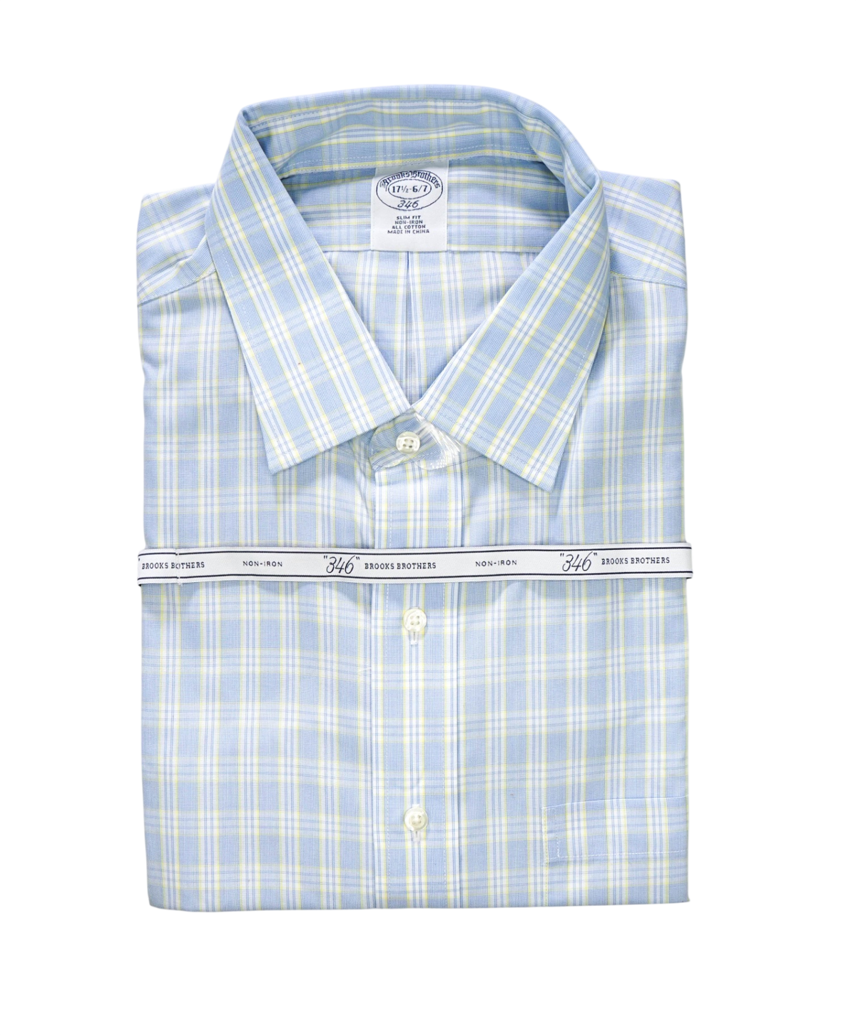 $128 BROOKS BROTHERS - Blue/Yellow Plaid NON-IRON "346" Slim Fit Shirt - 17.5 - 36/37