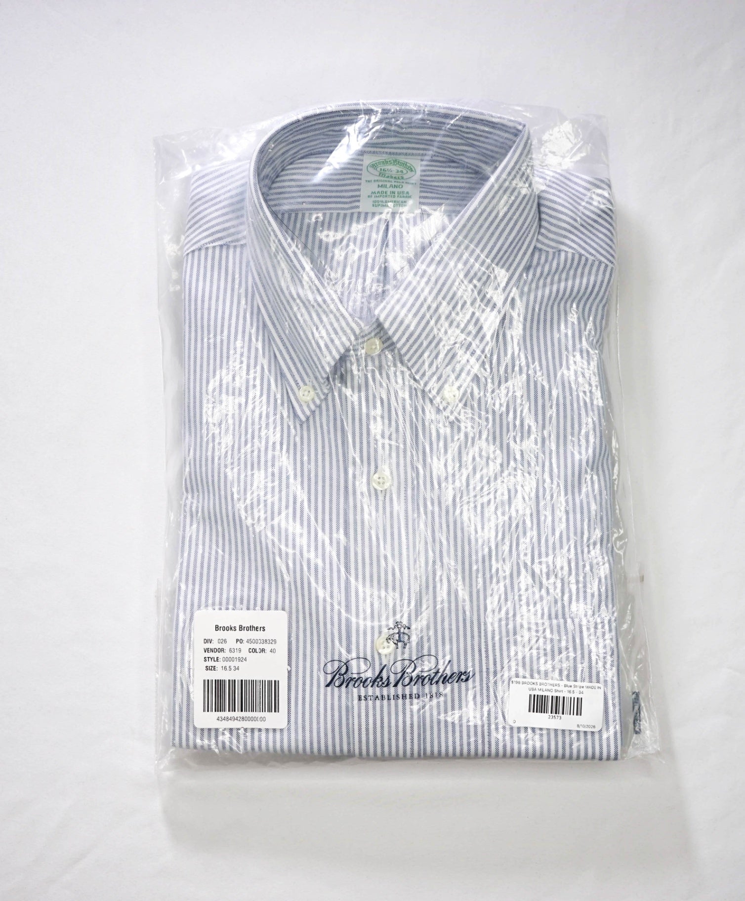 $198 BROOKS BROTHERS - Blue Stripe MADE IN USA MILANO Shirt - 16.5 - 34