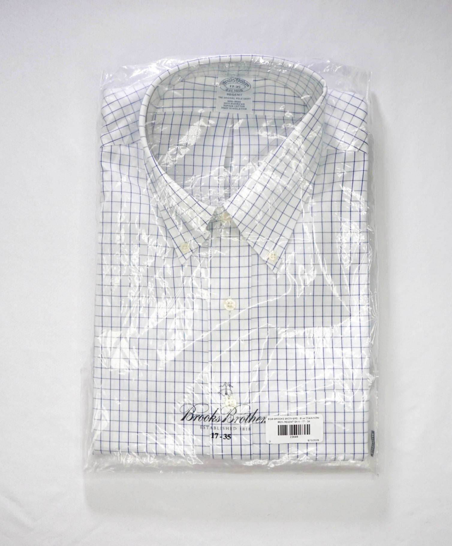 $128 BROOKS BROTHERS - Blue Check NON-IRON REGENT Shirt - 17 - 34