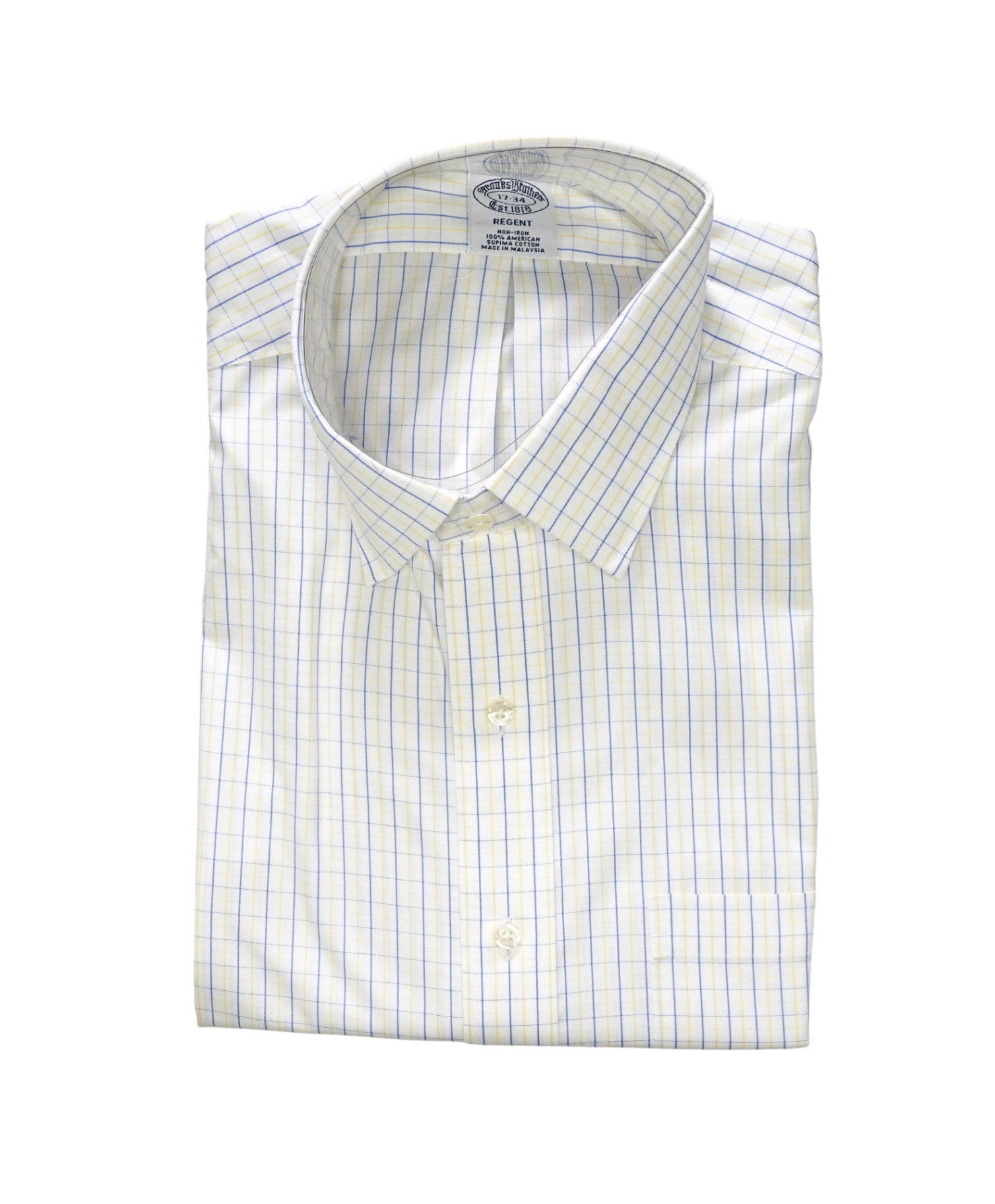 $128 BROOKS BROTHERS - Blue/Yellow Plaid NON-IRON REGENT Shirt - 17 - 34