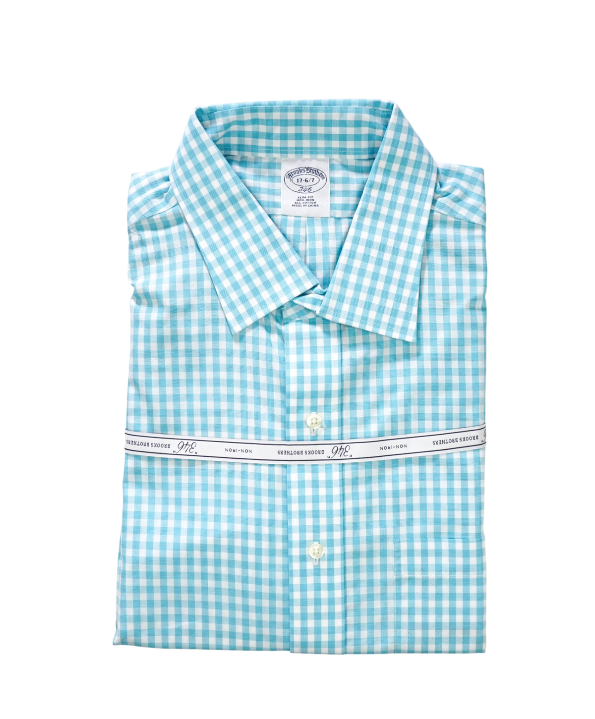 $128 BROOKS BROTHERS - Turquoise Gingham NON-IRON "346" SLIM FIT Shirt - 17 - 36/37