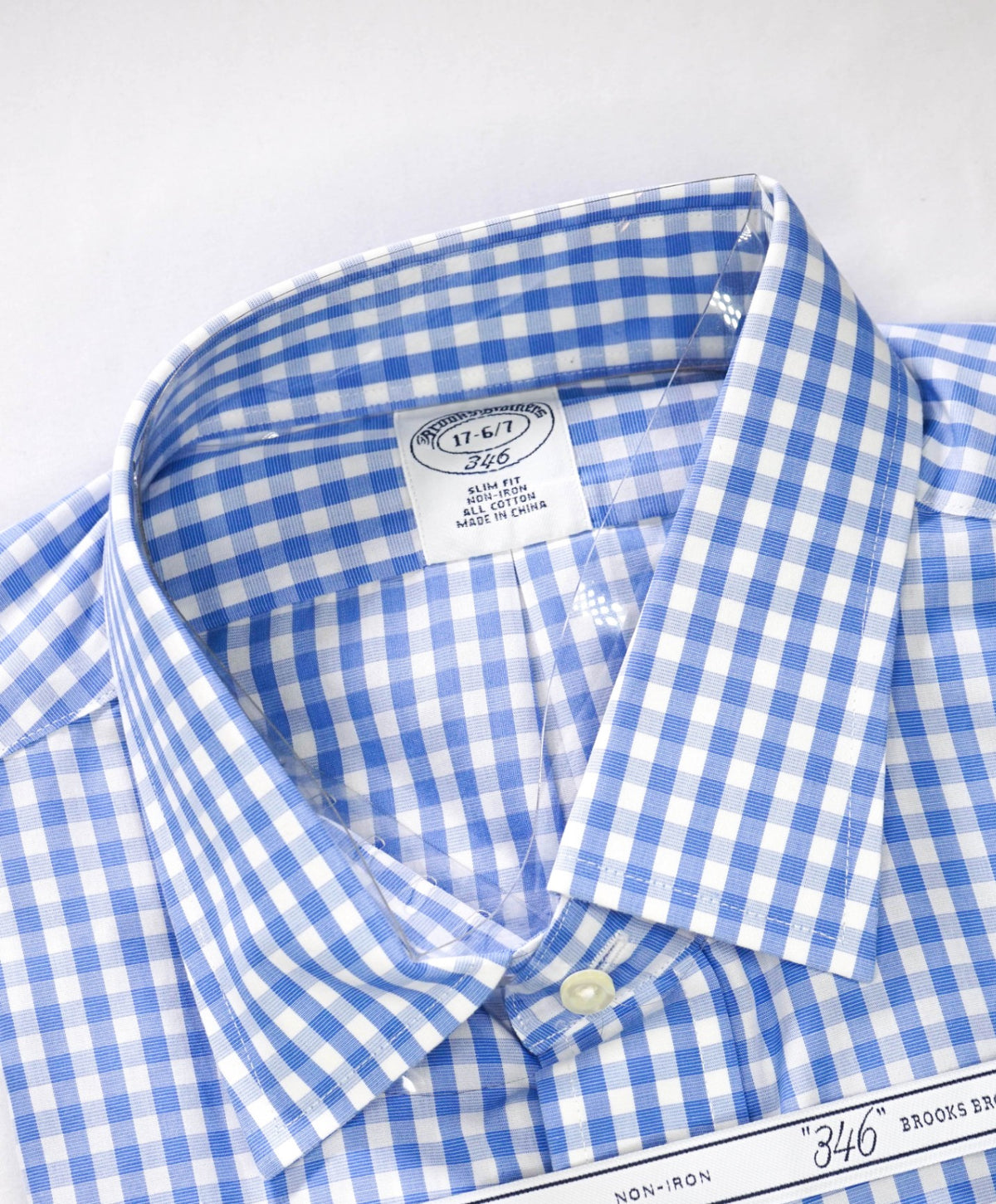 $128 BROOKS BROTHERS - Blue Gingham NON-IRON "346" SLIM FIT Shirt - 17 - 36/37