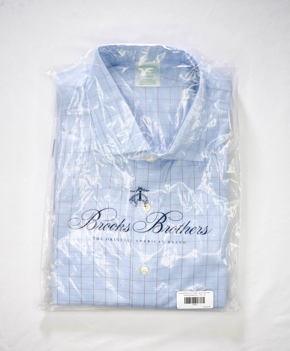 $128 BROOKS BROTHERS - Blue Plaid NON-IRON MILANO Shirt - 17.5 - 35