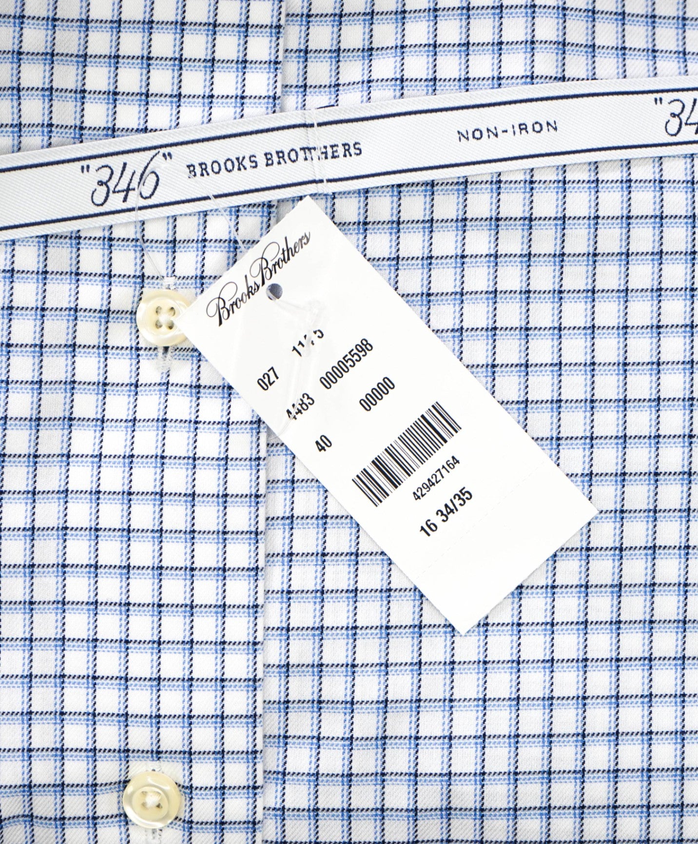 $128 BROOKS BROTHERS - Blue Check NON-IRON "346" Slim Fit Shirt - 16 - 34/35