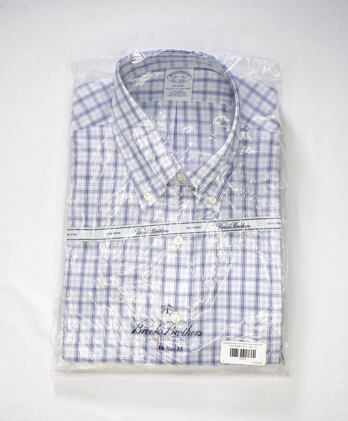 $128 BROOKS BROTHERS - Blue Plaid NON-IRON REGENT Shirt - 16.5 - 35