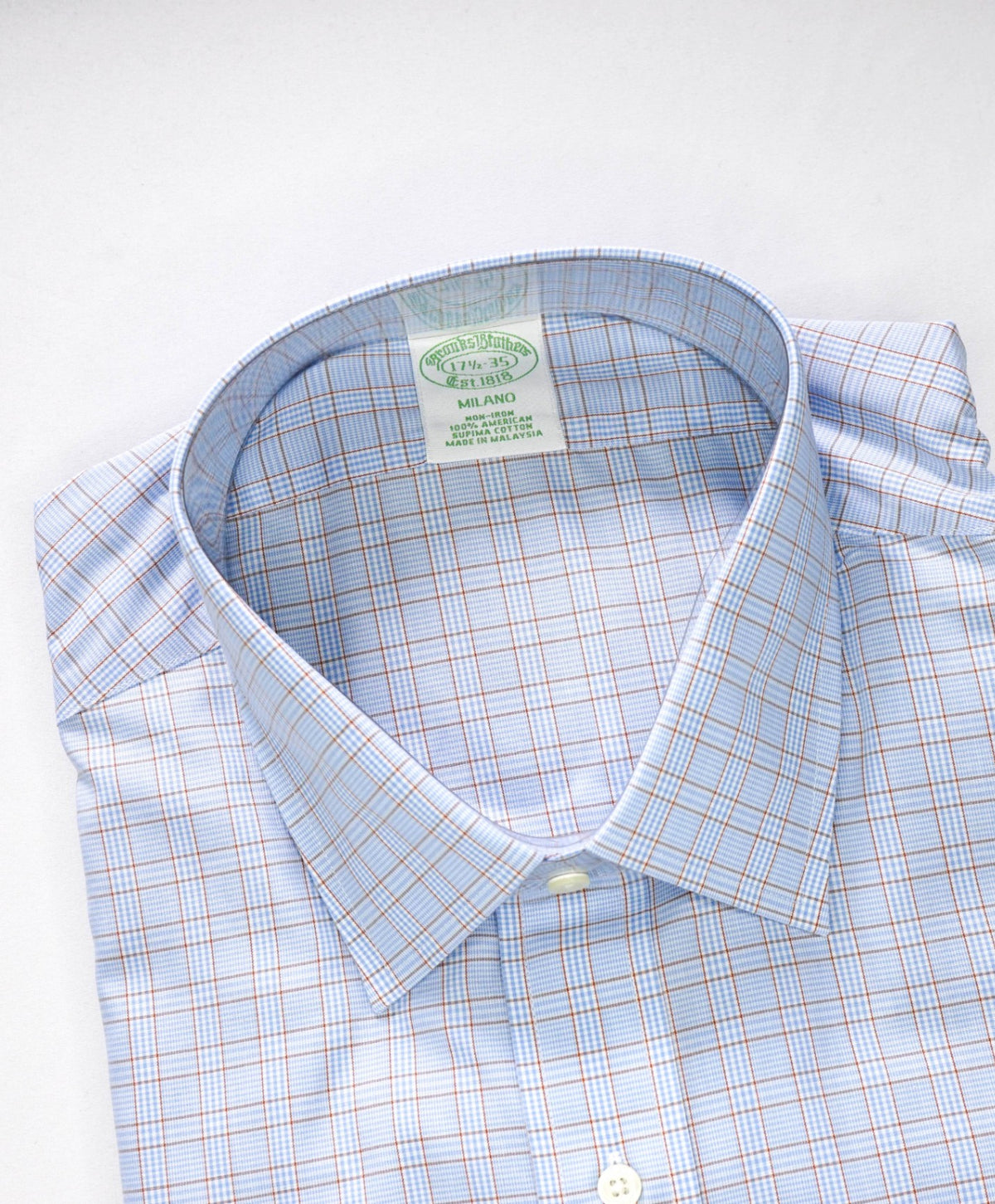 $128 BROOKS BROTHERS - Blue Plaid NON-IRON MILANO Shirt - 17.5 - 35